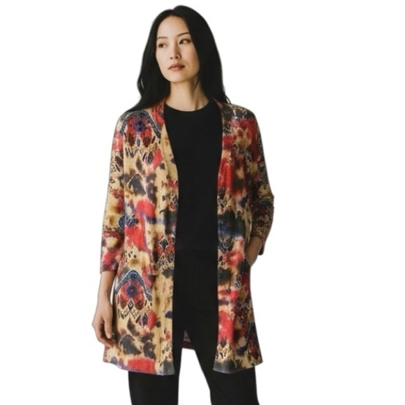 Boho Chic Draped Multi Color Front Button Flared Suede Sweater XL CUBISM LOS … - Picture 1 of 12